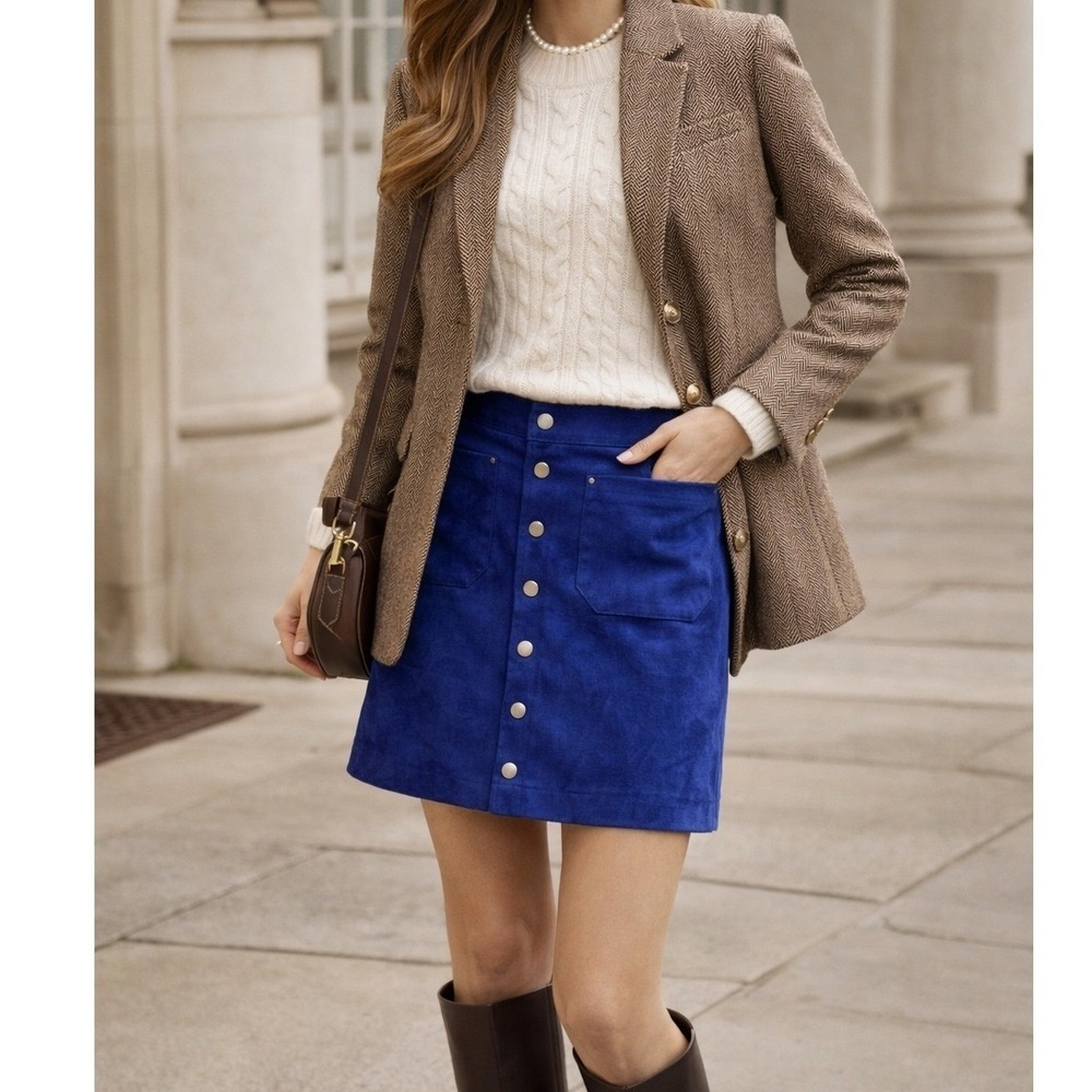 INC Capri Blue Faux Suede Button Front Mini Skirt Heirloom Preppy Revival size 6